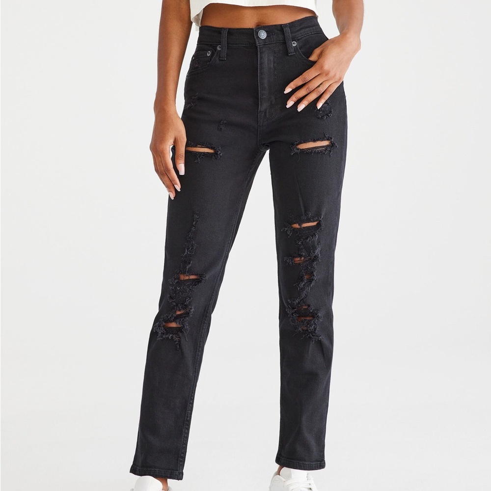 Aeropostale Mom Jean Black Distressed Ripped Denim High Waisted Jeans
